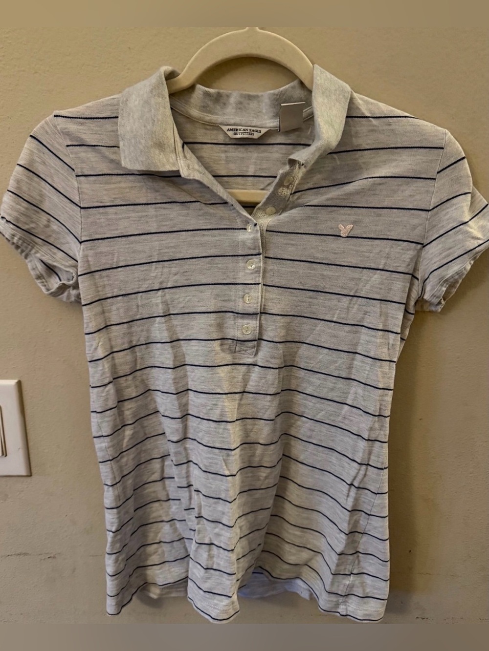 American Eagle Outfitters Light Gray Polo Shirt with Navy Stripes - Women's